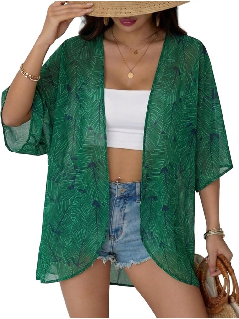 Women's Green 1 Chiffon Kimono Cardigan Open Front Blouse Swimwear Cover Up